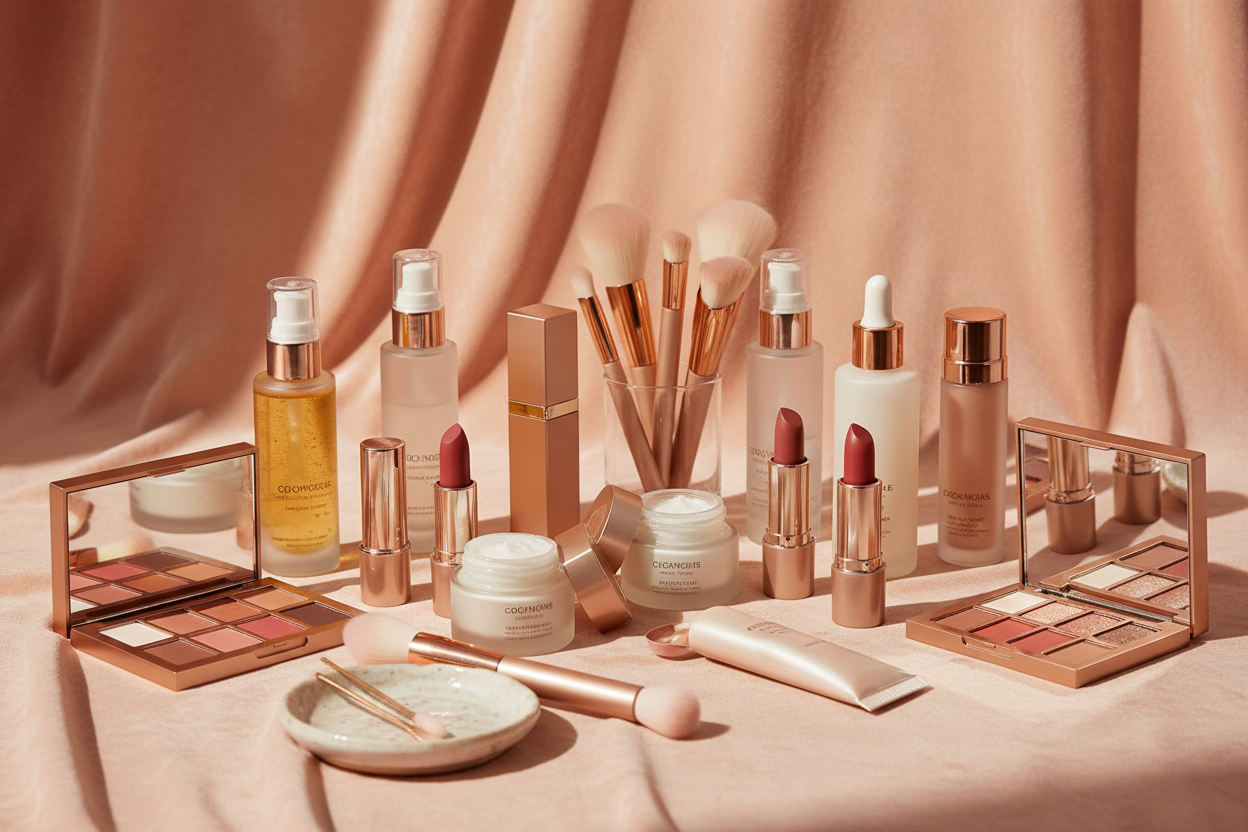 make a image for me  in this image we need beauty items background of image is peach