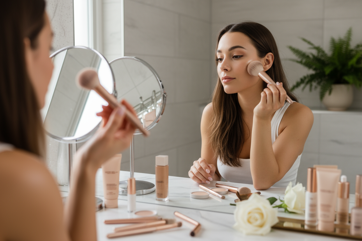 make a image in this image a women makeup on her face 